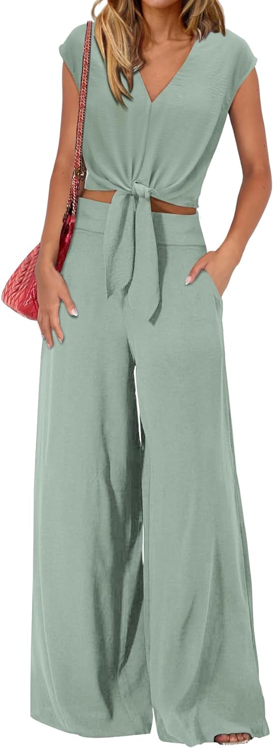 61kl_lN8jyL._AC_SL1500 Women's Summer 2 Piece Outfits 2024 Cap Sleeve V Neck Belted Crop Tops Wide Leg Pant Sets Casual Tracksuit