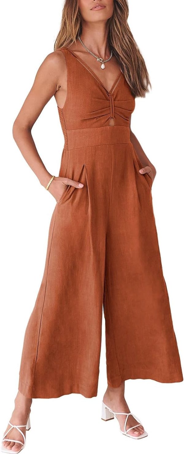 61mYYcY1T4L._AC_SL1500 ANRABESS Women's Summer Wide Leg Linen Jumpsuits Dressy V Neck Sleeveless Casual Pants Rompers 2024 Vacation Beach Outfits