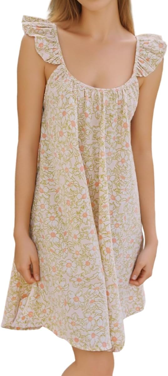 Womens Ruffle Nightgown Cotton Sleeveless Nightdress Soft Printed Night gown with Pockets