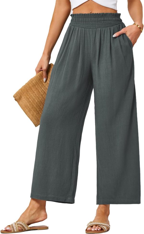 JASAMBAC Women's Capri Linen Wide Leg Pants Summer Boho Wide Leg Pants Smocked High-Rise Waist Casual Beach Pants with Pocket