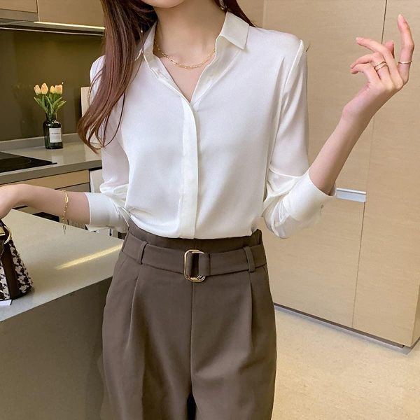 Women's Satin Blouse Fashion Long Sleeve Satin Silk Shirt Work Office Top Casual Shirt