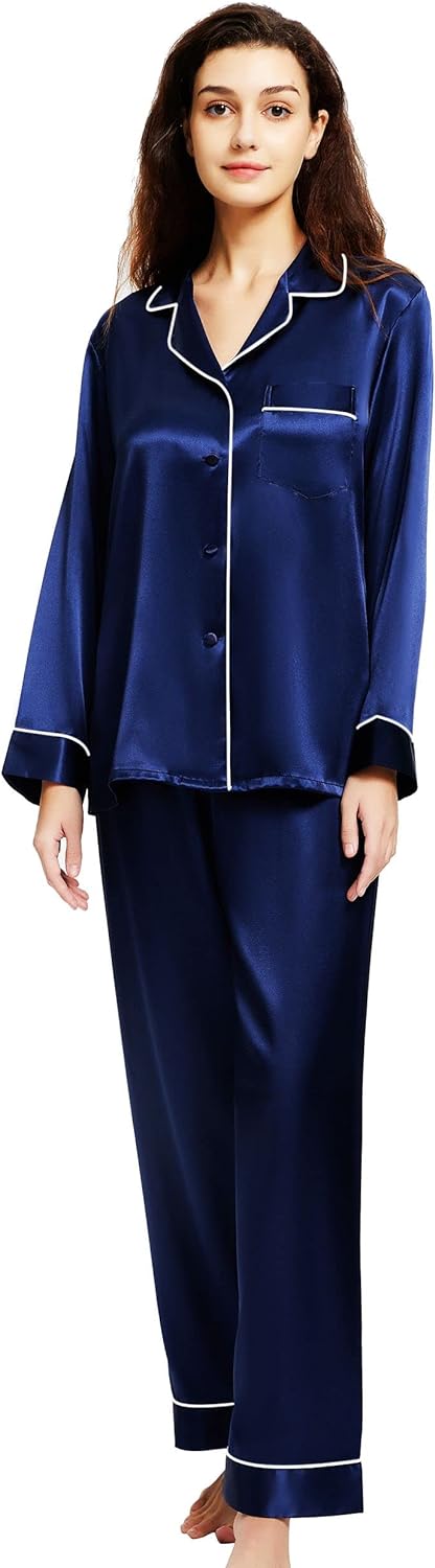 Women's Satin Pajamas Set Long Sleeve Button Down Shirt With Long Pant Sleepwear