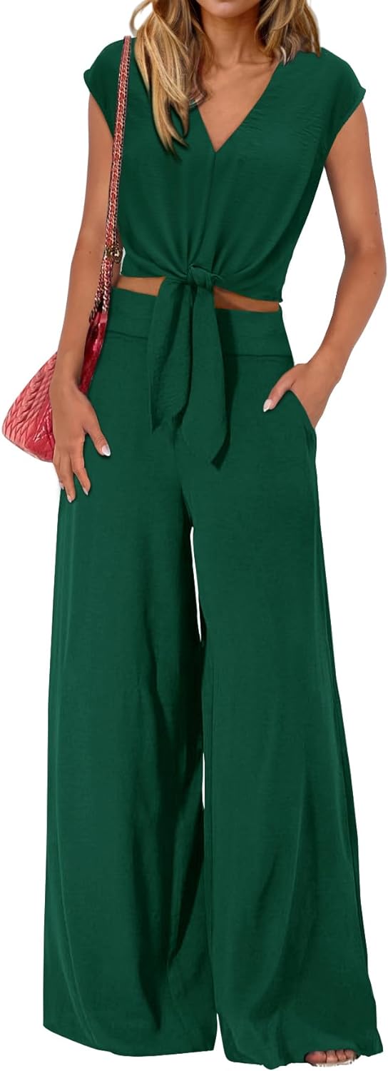 61tPYCV2L7L._AC_SL1500 Women's Summer 2 Piece Outfits 2024 Cap Sleeve V Neck Belted Crop Tops Wide Leg Pant Sets Casual Tracksuit