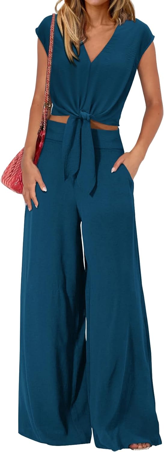 61ugtEhQ09L._AC_SL1500 Women's Summer 2 Piece Outfits 2024 Cap Sleeve V Neck Belted Crop Tops Wide Leg Pant Sets Casual Tracksuit