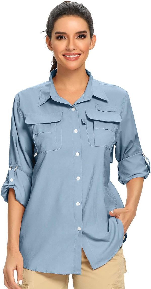 61vSyXYySDL._AC_SL1500 Women's UPF 50 Long Sleeve UV Sun Protection Safari Shirts Outdoor Quick Dry Fishing Hiking Travel Shirts