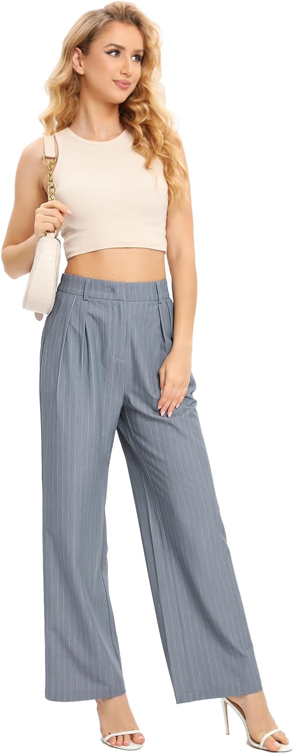 61vul8O7fxL._AC_SL1500 Women's Casual Striped High Waisted Wide Leg Pants Elastic Waist Loose Fit Trousers