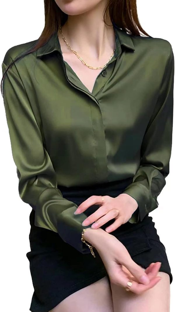 Women's Satin Blouse Fashion Long Sleeve Satin Silk Shirt Work Office Top Casual Shirt