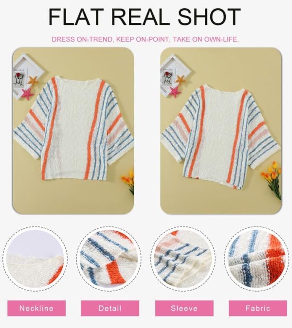 Womens 2024 Cute Spring Summer Color Block Striped Lightweight Comfy Cable Knit Beach Boho Clothes Pullover Sweaters