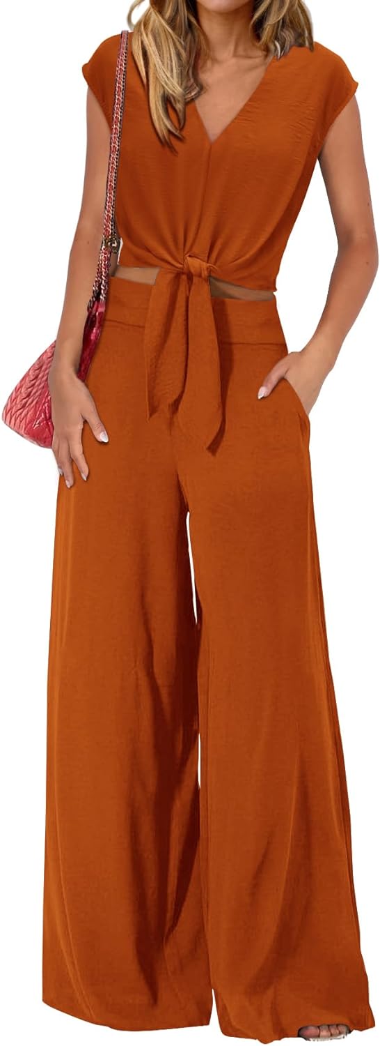61y5YJiSzDL._AC_SL1500 Women's Summer 2 Piece Outfits 2024 Cap Sleeve V Neck Belted Crop Tops Wide Leg Pant Sets Casual Tracksuit