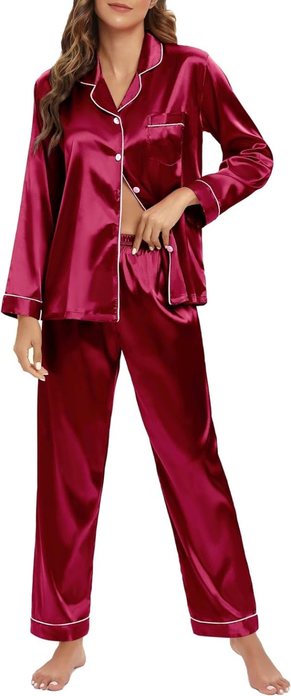 61yg9hacDhL._AC_SL1500 Women's Silk Satin Pajamas Set Long Sleeve Sleepwear Soft Pjs Set Two Piece Button Down Loungewear Pj Set