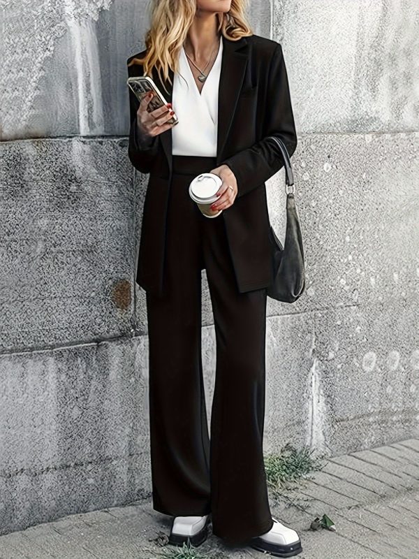 Elegant Office Solid Color Pants, Single Breasted Lapel Blazer & Straight Leg Loose Simple Pants, Women's Clothing