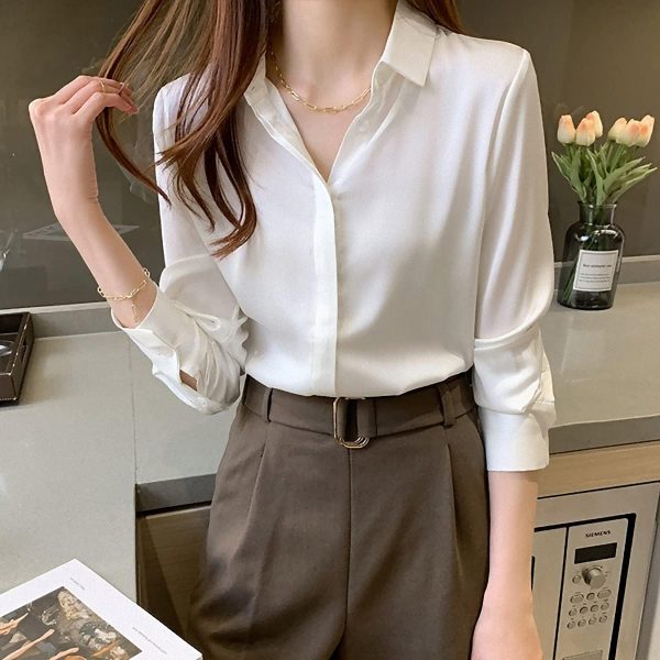 Women's Satin Blouse Fashion Long Sleeve Satin Silk Shirt Work Office Top Casual Shirt