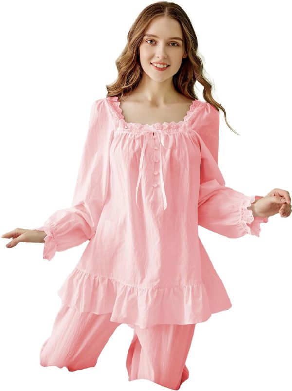 713pbp0Dw6L._AC_SL1500 Women Pajamas Set Cotton Long Sleeve Button Down Sleep Shirt Womens Loungewear Set Cotton Nightie