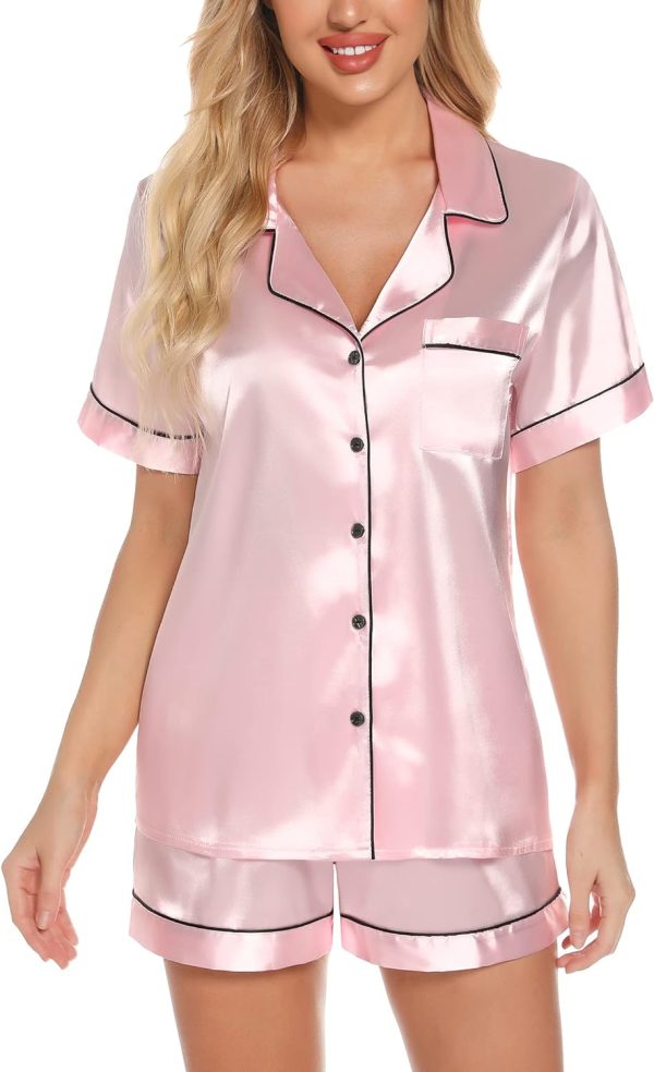 Womens Silk Satin Pajamas Set Button Down Pj Sets Short Sleeve Sleepwear Set S-XXl