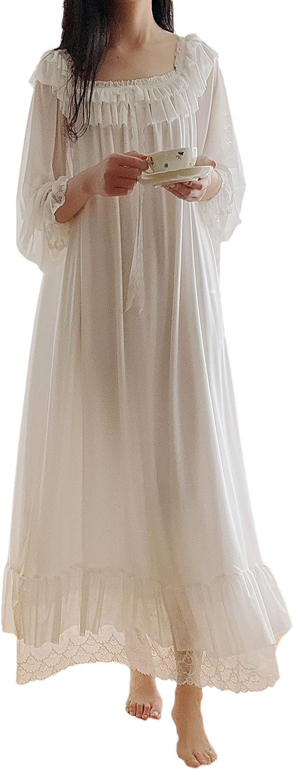 Women's Lace  Nightgown Long Sleeve Sleepwear Nightdress
