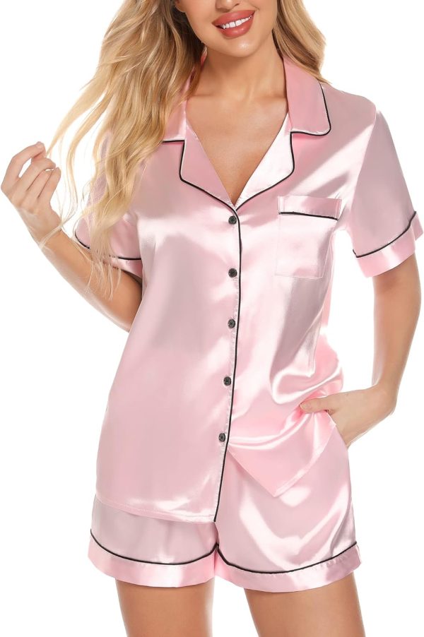 Womens Silk Satin Pajamas Set Button Down Pj Sets Short Sleeve Sleepwear Set S-XXl