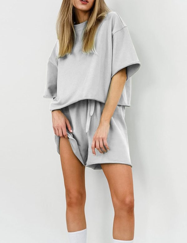 71OCQme7I1L._AC_SL1500 Women's 2 Piece Outfits Lounge Sets Crew Neck Short Sleeve Pullover Tops High Waisted Shorts Tracksuits