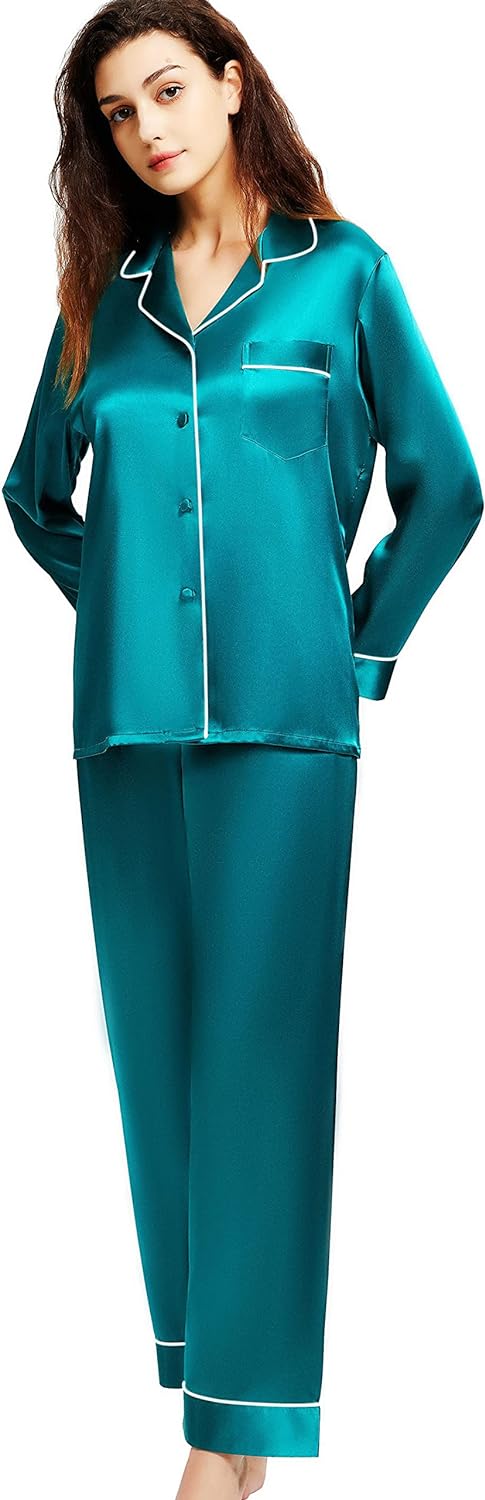 Women's Satin Pajamas Set Long Sleeve Button Down Shirt With Long Pant Sleepwear