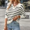 71Ujc3kgoZL._AC_SL1200 Women's Lightweight Striped Loose Sweater Polo V Neck Knitted Lapel Shirt Casual Color Block Top with Cream Background