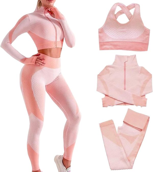 Women's 3 Piece Outfits Tracksuit Workout Set Sports Bra High Waist Yoga Gym Leggings and Crop Top