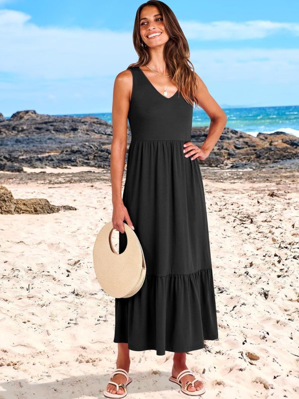 71W7aoSZSjL._AC_SL1500 ANRABESS Women's Summer Casual Sleeveless V Neck Swing Dress Fit & Flare Flowy Tiered Maxi Beach Sundress with Pockets