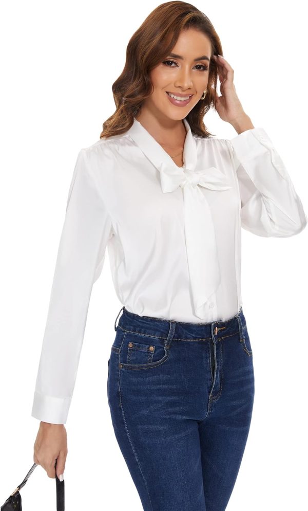 Womens Satin Solid Blouse Bow Tie Neck Button Down Shirts Long Sleeve Office Work Blouses Dressy Tops for Ladies Casual