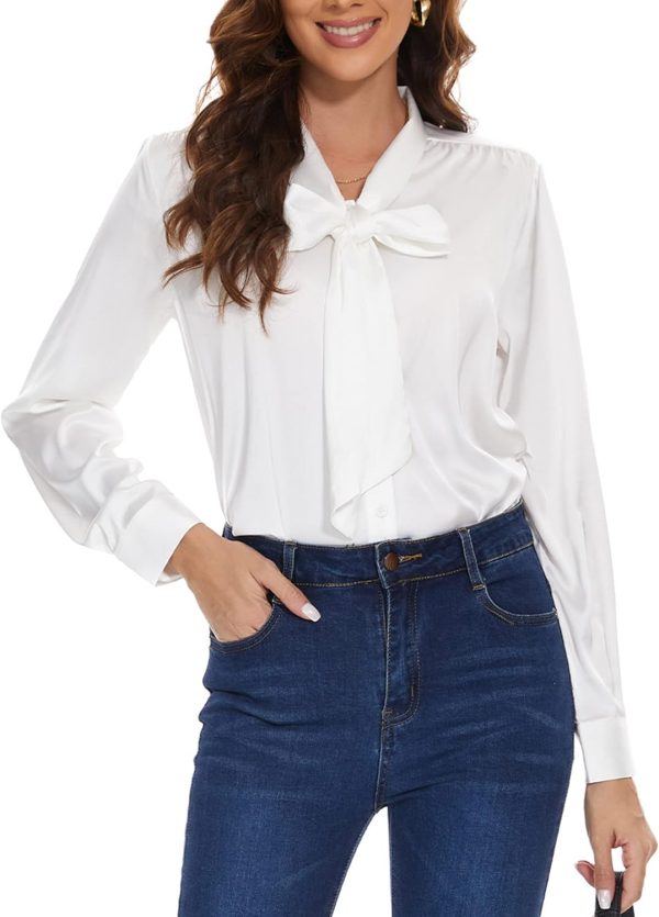 Womens Satin Solid Blouse Bow Tie Neck Button Down Shirts Long Sleeve Office Work Blouses Dressy Tops for Ladies Casual