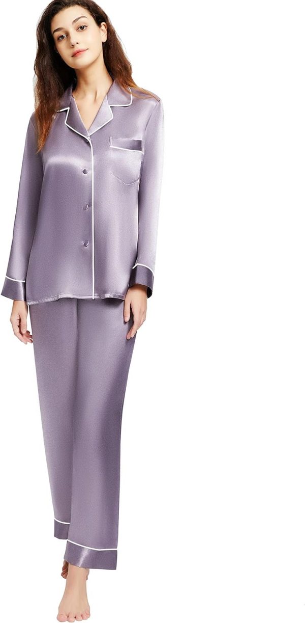 Women's Satin Pajamas Set Long Sleeve Button Down Shirt With Long Pant Sleepwear