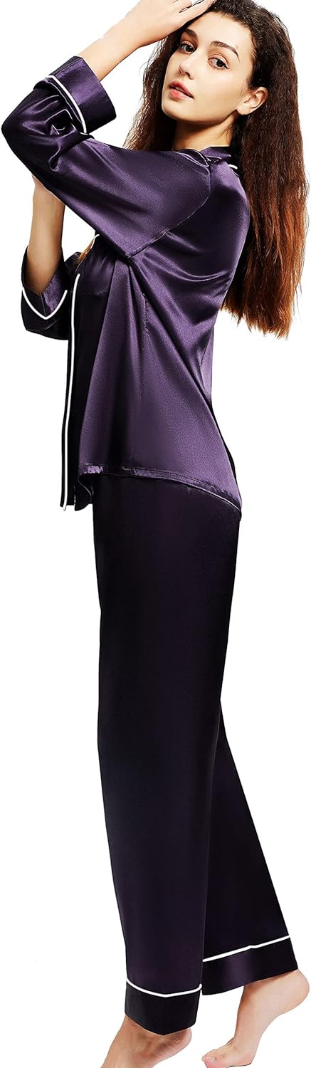 Women's Satin Pajamas Set Long Sleeve Button Down Shirt With Long Pant Sleepwear