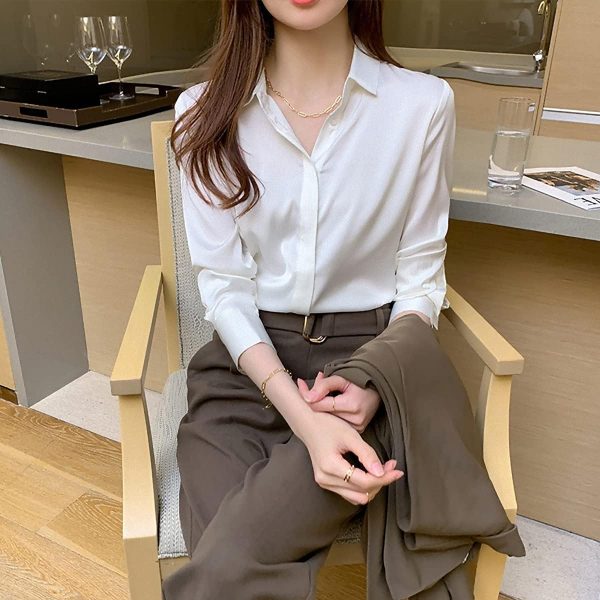 Women's Satin Blouse Fashion Long Sleeve Satin Silk Shirt Work Office Top Casual Shirt