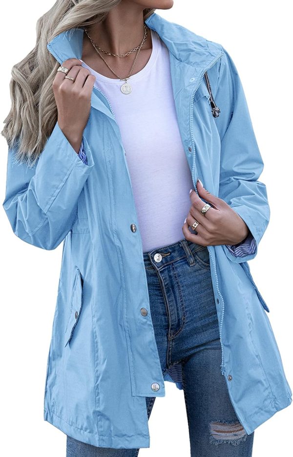 Rain Jacket Women Striped Lined Hooded Lightweight Raincoat Outdoor Waterproof Windbreaker