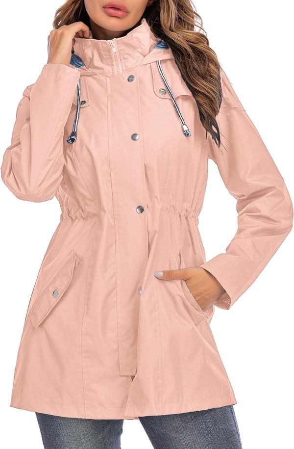Rain Jacket Women Striped Lined Hooded Lightweight Raincoat Outdoor Waterproof Windbreaker