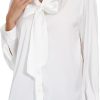 Womens Satin Solid Blouse Bow Tie Neck Button Down Shirts Long Sleeve Office Work Blouses Dressy Tops for Ladies Casual