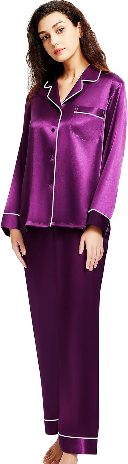 Women's Satin Pajamas Set Long Sleeve Button Down Shirt With Long Pant Sleepwear
