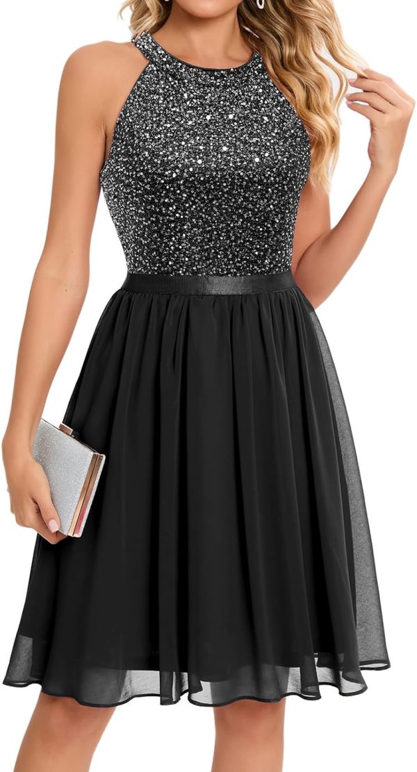 71t3fLKrNEL._AC_SL1500 Sequin Halter Prom Dress for Women Party Night Elegant Wedding Bridesmaid Dresses