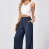 JASAMBAC Women's Capri Linen Wide Leg Pants Summer Boho Wide Leg Pants Smocked High-Rise Waist Casual Beach Pants with Pocket