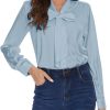 Womens Satin Solid Blouse Bow Tie Neck Button Down Shirts Long Sleeve Office Work Blouses Dressy Tops for Ladies Casual