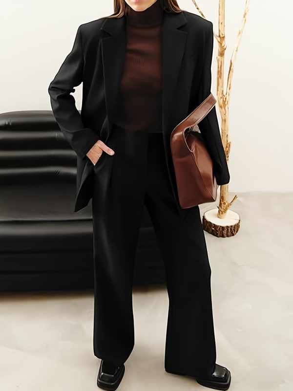 Elegant Office Solid Color Pants, Single Breasted Lapel Blazer & Straight Leg Loose Simple Pants, Women's Clothing