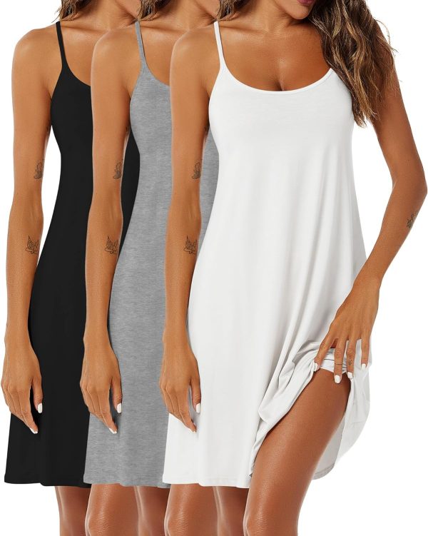 3 Pcs Women's Sleeveless Nightgown, Scoop Neck Pajama Dress Racerback Sleep Dress Sleeveless Nightdress Chemise
