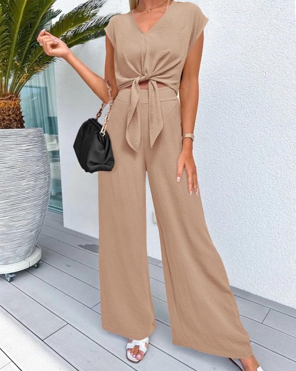 81FWH0sWLyL._AC_SL1500 Women's Summer 2 Piece Outfits 2024 Cap Sleeve V Neck Belted Crop Tops Wide Leg Pant Sets Casual Tracksuit