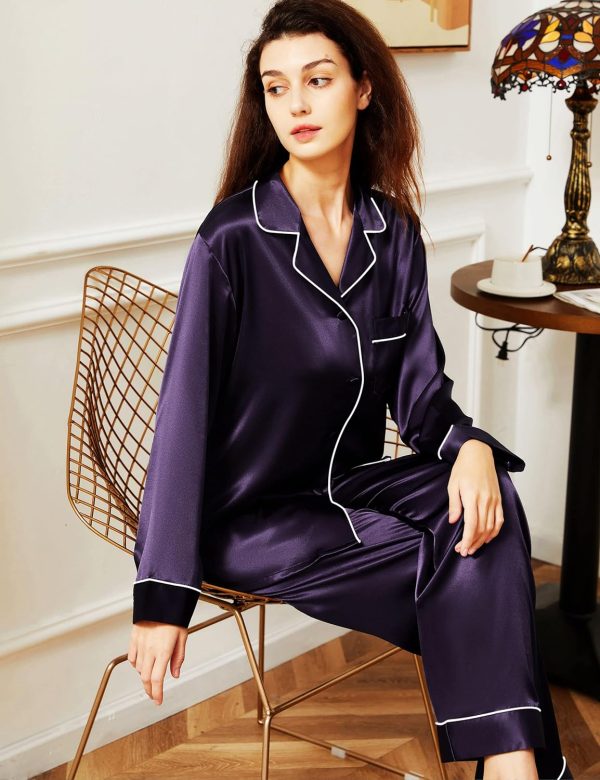 Women's Satin Pajamas Set Long Sleeve Button Down Shirt With Long Pant Sleepwear