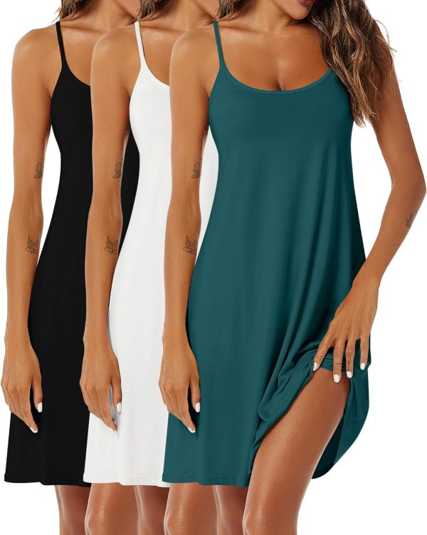 3 Pcs Women's Sleeveless Nightgown, Scoop Neck Pajama Dress Racerback Sleep Dress Sleeveless Nightdress Chemise