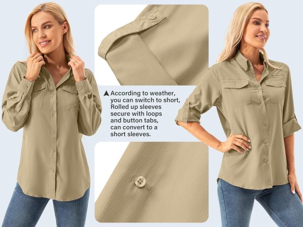 Womens UPF 50+ UV Sun Protection Safari Shirts Long Sleeve Outdoor Cool Quick Dry Fishing Hiking Gardening Shirts