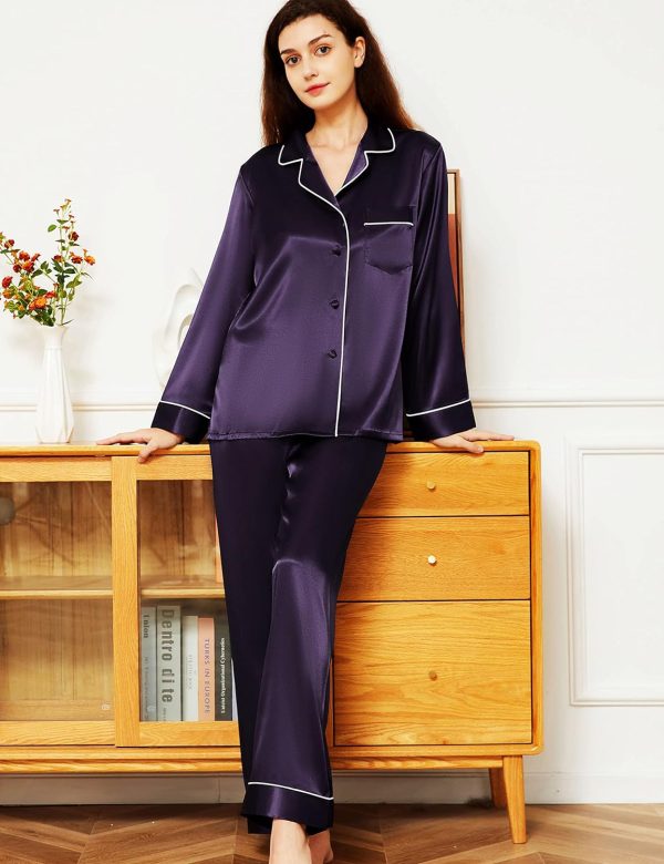 Women's Satin Pajamas Set Long Sleeve Button Down Shirt With Long Pant Sleepwear