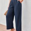 JASAMBAC Women's Capri Linen Wide Leg Pants Summer Boho Wide Leg Pants Smocked High-Rise Waist Casual Beach Pants with Pocket