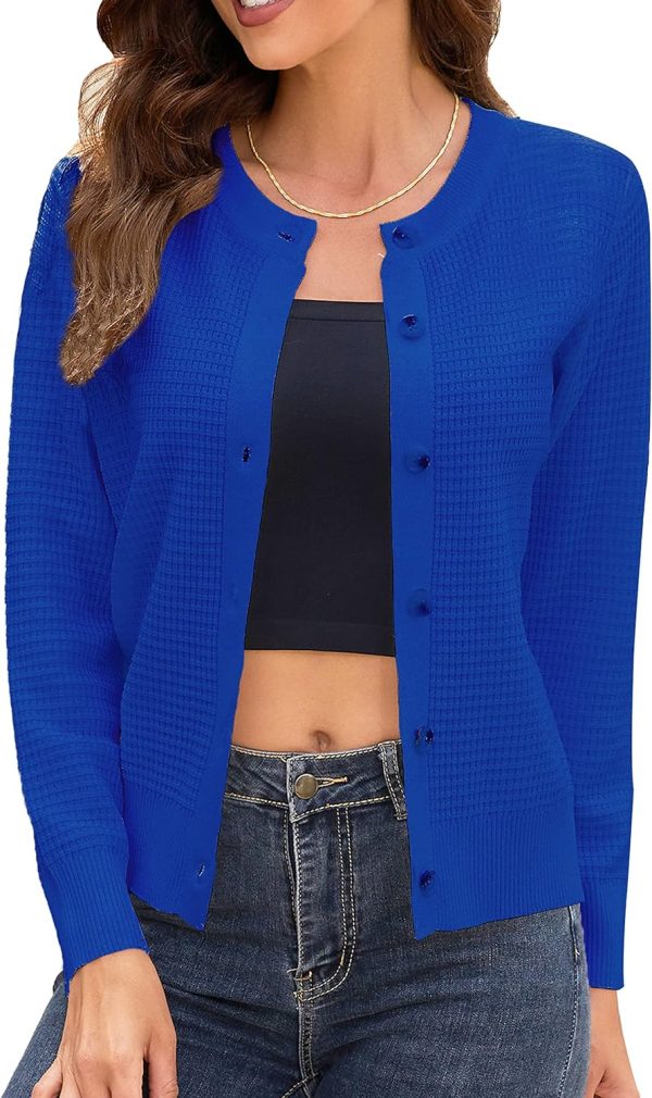 81kP3TvE-eL._AC_SL1500 Women's Crew Neck Button Down Long Sleeve Solid Knit Classic Cardigan Sweater