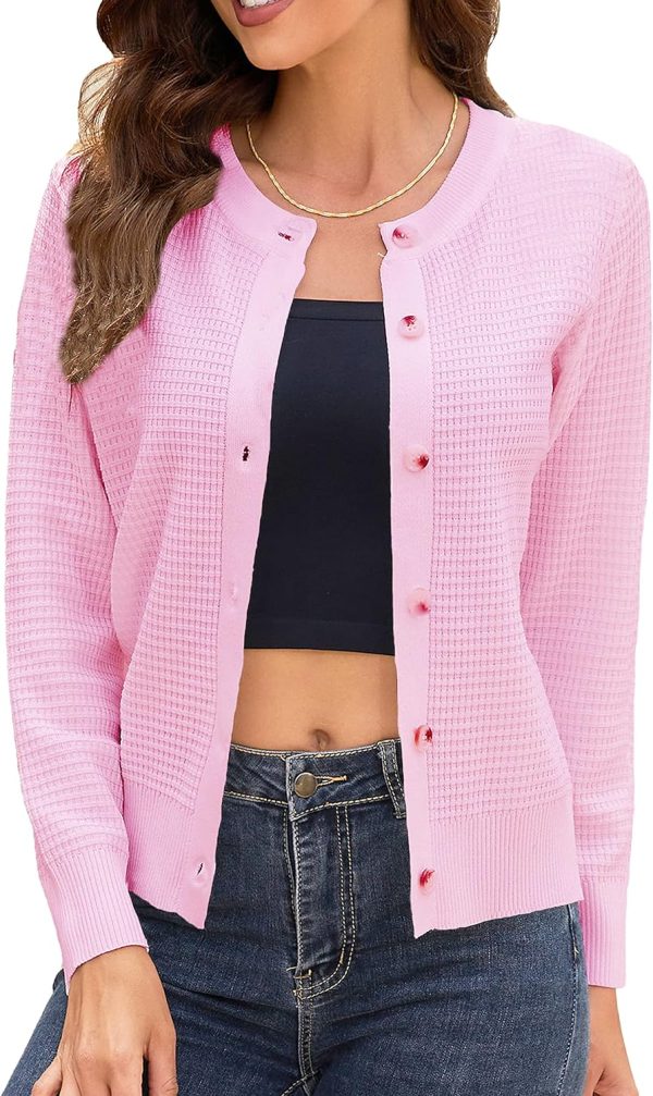 81uNc7LWQvL._AC_SL1500 Women's Crew Neck Button Down Long Sleeve Solid Knit Classic Cardigan Sweater