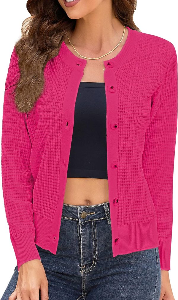 91cUO9Ad4IL._AC_SL1500 Women's Crew Neck Button Down Long Sleeve Solid Knit Classic Cardigan Sweater