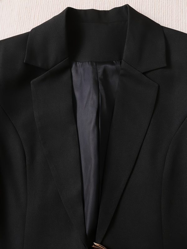 Elegant Office Pants Set, Belted Lapel Long Sleeve Slim Blazer & High Waist Straight Leg Loose Pants, Women's Clothing