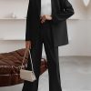 Elegant Office Solid Color Pants, Single Breasted Lapel Blazer & Straight Leg Loose Simple Pants, Women's Clothing